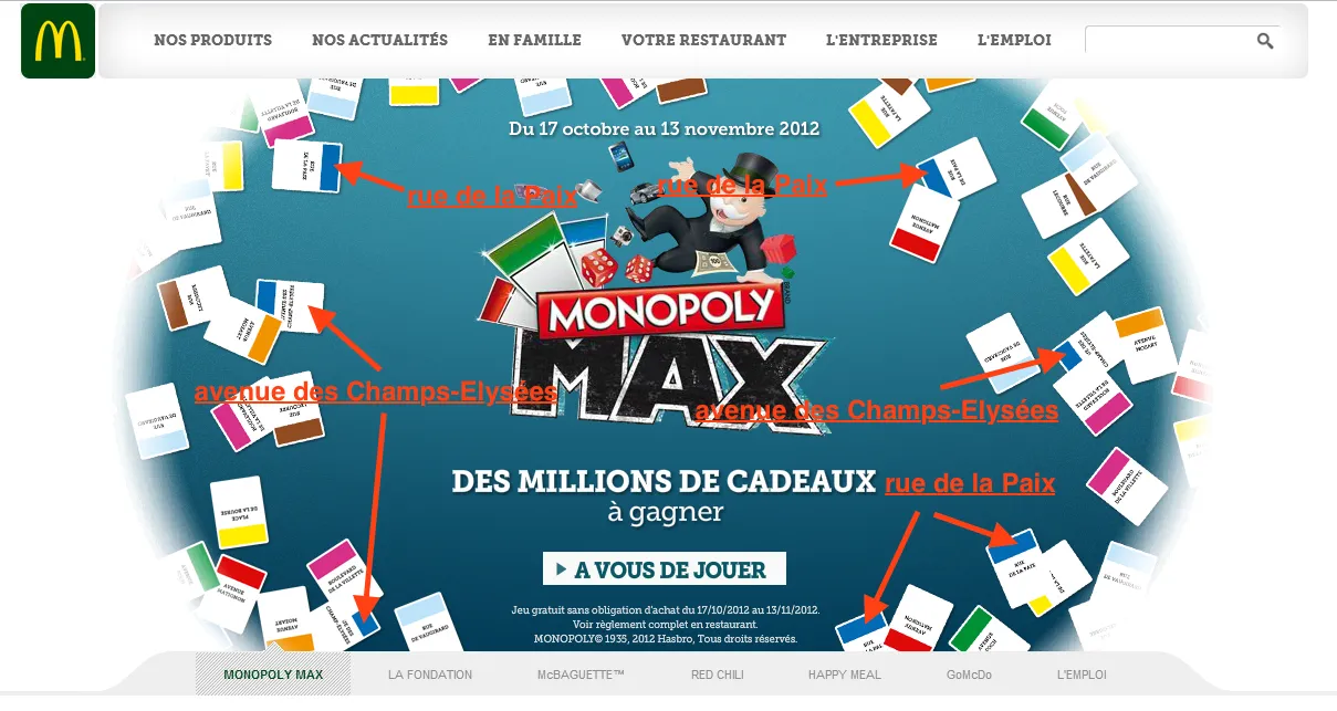 2012 McDonald's France Monopoly MAX promotional webpage showing misleading distribution of game pieces including multiple "Rue de la Paix" and "Avenue des Champs-Élysées" stamps
