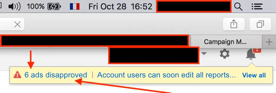 Google notification showing ads disapproved - censorship of McDonald's fraud awareness campaign